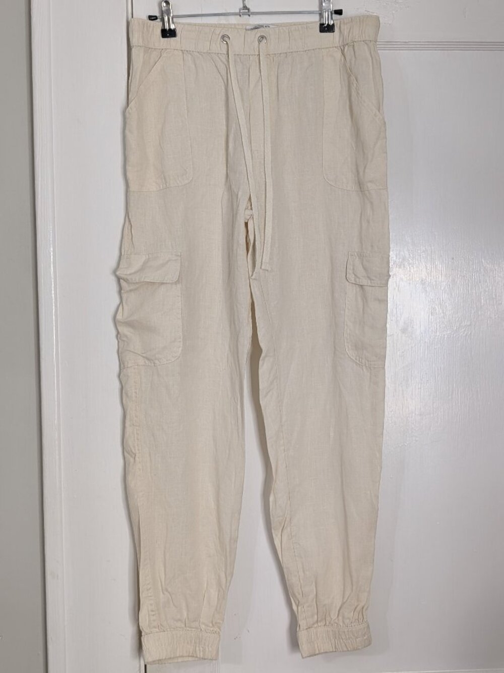 Nicole Miller Linen Cargo Pants Joggers Cream White Pull On Women's Medium Flax